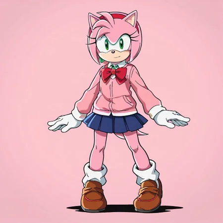 score_9, score_8_up, score_7_up, source_anime, <lora:Sonic_X_Style_V2_NS:0.8>,  /Amy Rose (Sonic)/, pink tail, green eyes, pink fur, pink hair, animal ears, animal nose, white gloves, gloves, red headband, skirt, bow, jewelry, school uniform, pleated skirt, earrings, miniskirt, bowtie,red bow, sweater, blue skirt, cardigan, loafers, pink sweater, black chocker, looking at viewer, solo, dutch angle, cowboy shot, sonicx_style