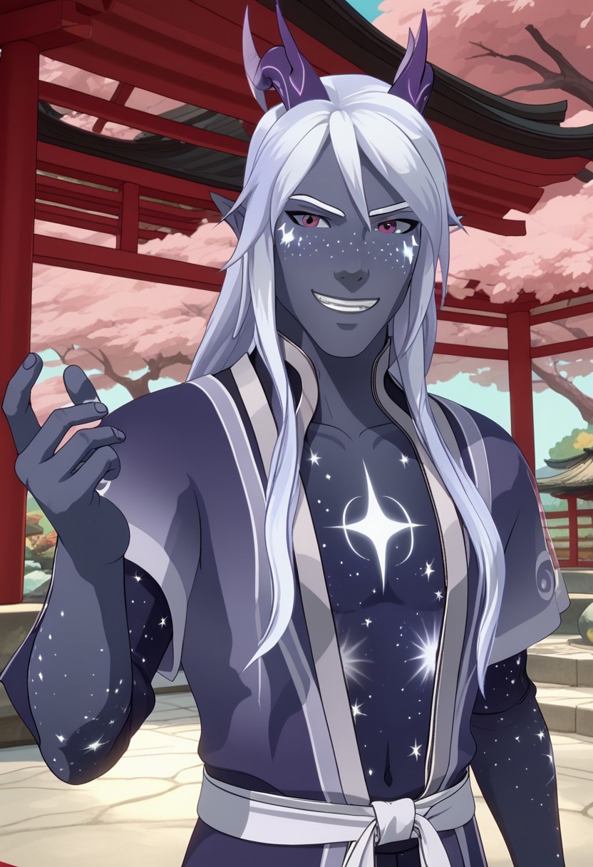 Score_9, Score_8, Score_7, TDPStyle, Aaravos, Elf, Starry Skin, Horns, Starelf, Four Fingered Hand, solo, 1boy, Japanese Garden, godrays, grin