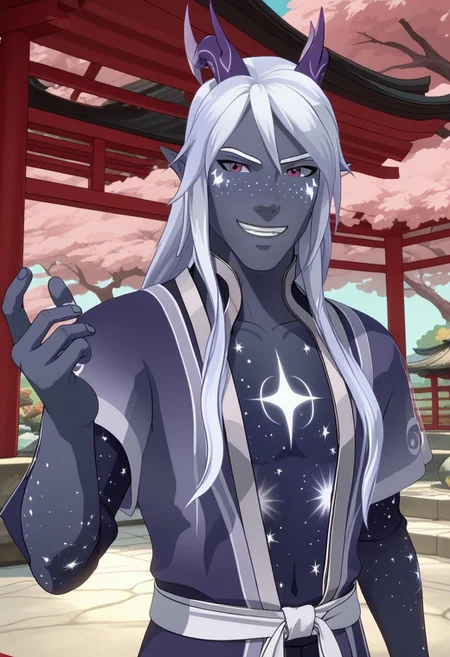 Score_9, Score_8, Score_7, TDPStyle, Aaravos, Elf, Starry Skin, Horns, Starelf, Four Fingered Hand, solo, 1boy, Japanese Garden, godrays, grin