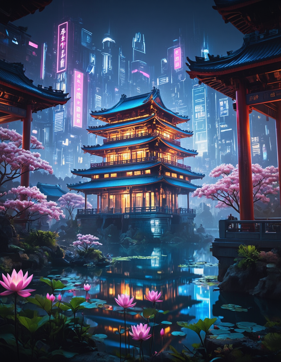 <lora:Cyberpunk_Temples_flux:1>  ct_flux, photo, A mesmerizing fusion of traditional Eastern architecture and futuristic cityscape. At the heart of the scene stands a magnificent multi-tiered pagoda, glowing with golden interior light and outlined by cyan-lit eaves. Surrounding the pagoda are serene waters reflecting the vibrant scene, adorned with blooming pink lotus flowers and cherry blossoms that add a delicate, organic contrast to the technological backdrop. Towering skyscrapers with neon signs in pink and blue pierce the misty night sky, suggesting a dense, futuristic metropolis. Traditional red columns and curved rooftops frame the scene, preserving the timeless elegance of classical design. The carefully manicured garden in the foreground adds to the atmosphere of calm and reflection. This juxtaposition of nature, heritage, and high-tech architecture creates a visually striking, dreamlike harmony.