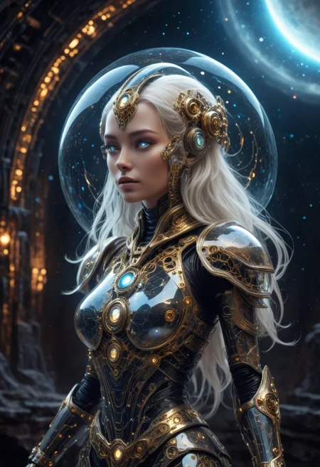 "Image is a digital fantasy artwork featuring a mystical female character with long, flowing white hair and glowing eyes. She has a fair complexion and is dressed in an elaborate, dark, intricately detailed gown adorned with golden accents and ornate patterns. The gown has a deep neckline, revealing part of her chest. The background is a mystical setting with a large, luminous full moon and swirling mist, framed by ancient, ornate stone arches. The atmosphere is ethereal and otherworldly, with a focus on the character's intense gaze and the dramatic lighting that highlights her features and attire.
scifi, Revelation Space series, Pattern Jugglers, Nostalgia for Infinity, gold ocean planet, Scorp the hyperpig, Conjoiner settlements, with such advanced technology that it might as well be magic,
A sleek, titanium-hulled spaceship, dubbed 'Warp Drive Vessel,' hurtles through the cosmos with a streamlined design and industrial-inspired flair. Mud flaps on its underside add a rugged touch to its otherwise polished appearance, glistening under the soft glow of nearby stars."