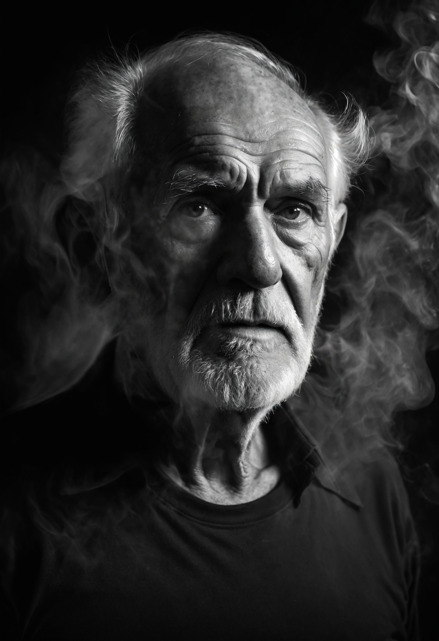 ,Studio shoot with a( russty old man face 85y:1.1), sensual body emphasized by lightrays, b&w <lora:Neutral_Light-Rays_XL:0.4> <lora:Smoke_XL:0.3> smoke