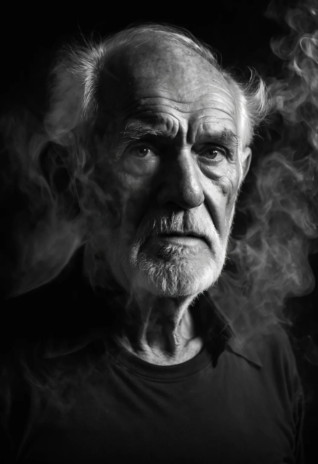 ,Studio shoot with a( russty old man face 85y:1.1), sensual body emphasized by lightrays, b&w <lora:Neutral_Light-Rays_XL:0.4> <lora:Smoke_XL:0.3> smoke
