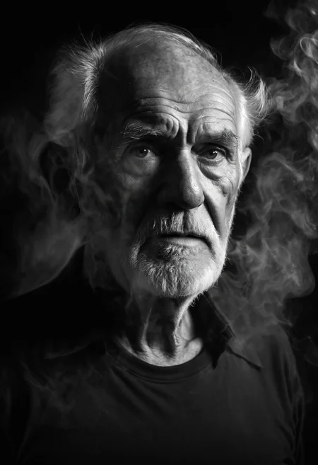 ,Studio shoot with a( russty old man face 85y:1.1), sensual body emphasized by lightrays, b&w <lora:Neutral_Light-Rays_XL:0.4> <lora:Smoke_XL:0.3> smoke