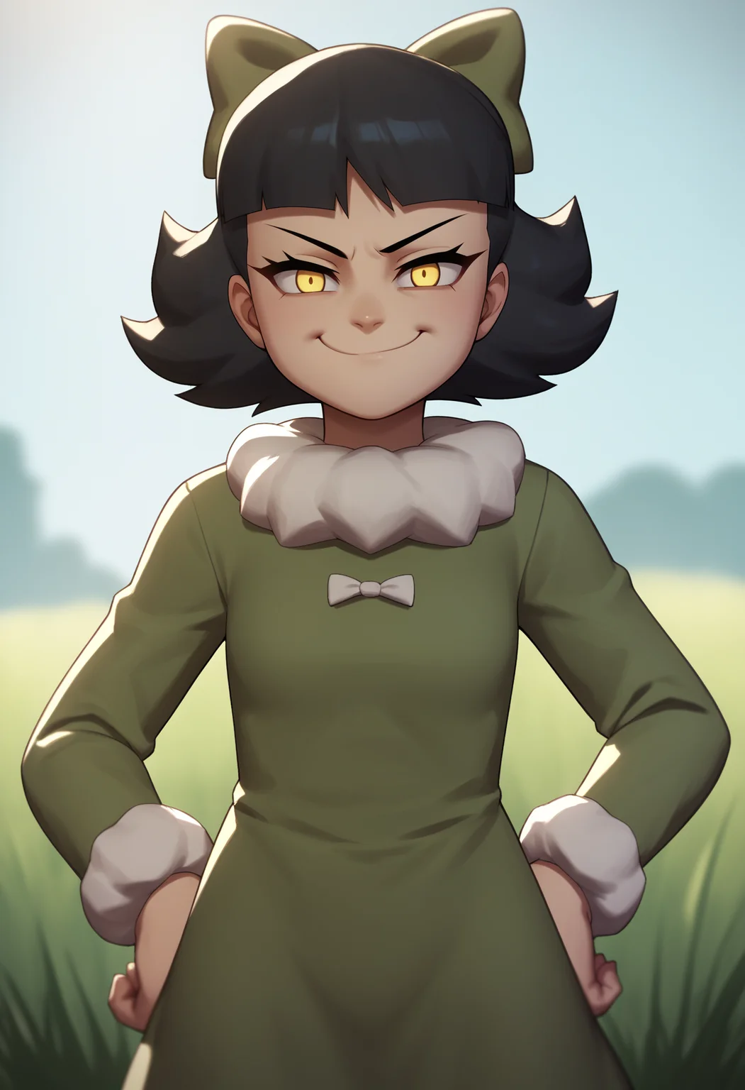score_9, score_8_up, score_7_up, score_6_up, score_5_up, score_4_up, BREAK, source_anime,
1girl, oliviamann, black hair, bangs, short hair, yellow eyes, hair bow, green dress, long sleeves, white pantyhose,
hands on hips, evil smile, smug, smile, upper body, looking at viewer, solo, outdoors, grass, blue sky, meadow background <lora:OliviaMannXL:1>