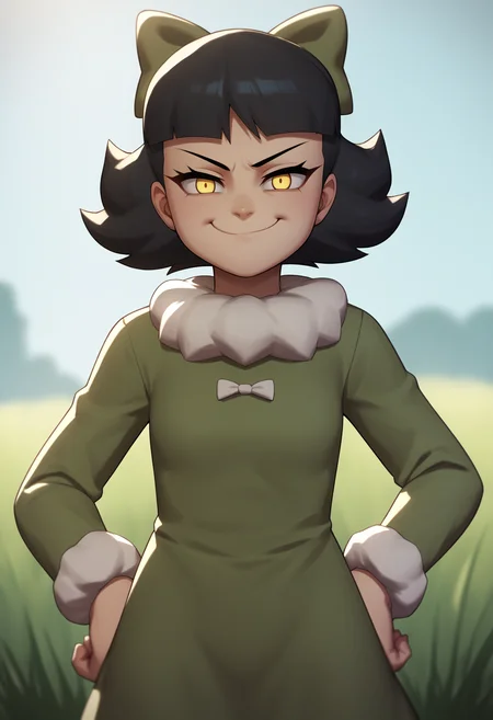 score_9, score_8_up, score_7_up, score_6_up, score_5_up, score_4_up, BREAK, source_anime,
1girl, oliviamann, black hair, bangs, short hair, yellow eyes, hair bow, green dress, long sleeves, white pantyhose,
hands on hips, evil smile, smug, smile, upper body, looking at viewer, solo, outdoors, grass, blue sky, meadow background <lora:OliviaMannXL:1>
