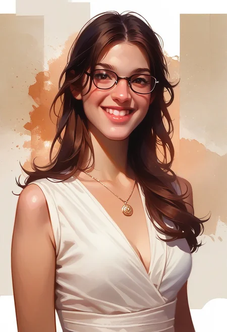 score_9, score_8_up, score_7_up, score_6_up, source_cartoon, 1girl, female, solo, femenine, petite, lean, pale skin, thick nerdy glasses, eyelids brown, brown eyes, soaking wet hair,long hair, brown hair, smile, diaphonous white dress, bronze necklace, medium breasts, female focus, official style, close up, perfect anatomy, perfect face, standing, abstract beauty, beautiful, centered, looking at the camera, approaching perfection, dynamic, moonlight, highly detailed, watercolor painting, artstation, concept art, smooth, sharp focus, illustration, portrait