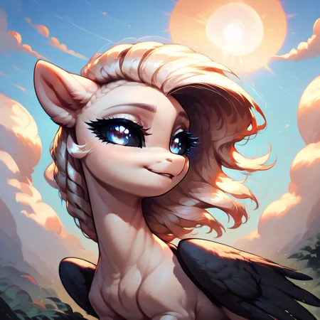 masterpiece, score_9, score_8_up, score_7_up, (best quality:1.1), ultra-detailed, high resolution, 1character, Albina, solo, pony, black sclera, white fur, short hair, cute pose, black wings, long hair, feral, female, mare, (((beautiful detailed eyes))), looking at you, long eyelashes, outdoors, Long eyelashes, Highly Visible, sun in the sky, sky, background landscape, outdoors, sharp focus, perfect lighting, beautiful eyes, anatomically correct, extremely detailed, shine on body, high detail, cute, happy facial expression, Expressiveh, detailed background, OverallDetail, zPDXL2