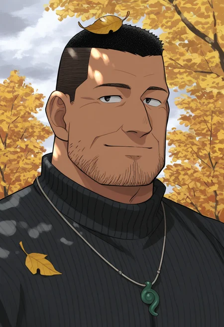 1boy, portrait, black sweater, leaf on head, outdoors, dappled sunlight, autumn, light smile, tree, cloudy sky, jade necklace,
BREAK
<lora:Inspector_Yuminaga_from_Detective_Conan_v1.0:1> pectorals, thick arms,
inspectoryuminaga, mature male, black hair, buzz cut, dark skin, stubble,
BREAK
very awa, masterpiece, best quality, absurdres, newest, perfect quality, detailed background, intricate details,