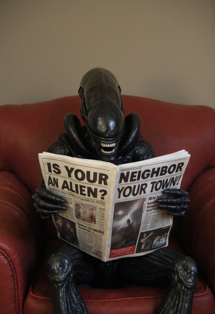 An alien xenomorph is sitting on a sofa reading a newspaper. The newspaper headline reads:
"Is Your Neighbor an Alien?",
The second line text "They Could Be Hiding in Your Town!" ,aidmaTextImprover,