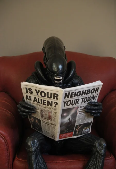 An alien xenomorph is sitting on a sofa reading a newspaper. The newspaper headline reads:
"Is Your Neighbor an Alien?",
The second line text "They Could Be Hiding in Your Town!" ,aidmaTextImprover,