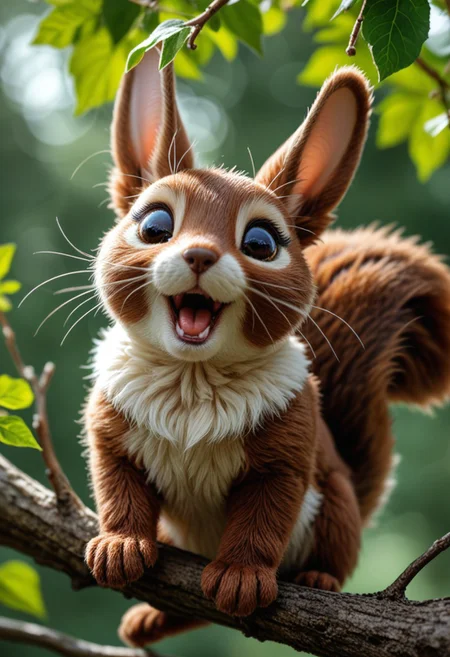 A lifelike depiction of a fantastical hybrid animal combining the most adorable features of a puppy, bunny, and squirrel. The creature is rendered with hyper-realistic detail, showcasing soft, velvety fur that transitions seamlessly from creamy whites to black and golden hues.
Its large, expressive eyes glisten with a lifelike shine, framed by delicate lashes, exuding curiosity and sweetness. The creature has floppy, bunny-like ears that fold gently around its small, rounded head, while its tiny nose and slightly open mouth reveal a playful, puppy-like demeanor. The bushy, squirrel-like tail is plush and textured, curled elegantly as it perches on a tree branch.
The environment is rich with natural detail: soft sunlight filters through leaves, illuminating the creature’s fur, while the bark of the tree and surrounding wildflowers add to the realism. Every detail, from the fine whiskers to the faint shimmer in its fur, contributes to a heartwarming and magical scene, blending fantasy with photorealism.
Keywords/Tags: Hyper-Realistic, Hybrid Animal, Puppy-Bunny-Squirrel, Adorable, Fluffy, Photorealism, Nature, Whimsical, Magical Creature, Realistic Fantasy, Innocent and Playful. cutelittleanimals