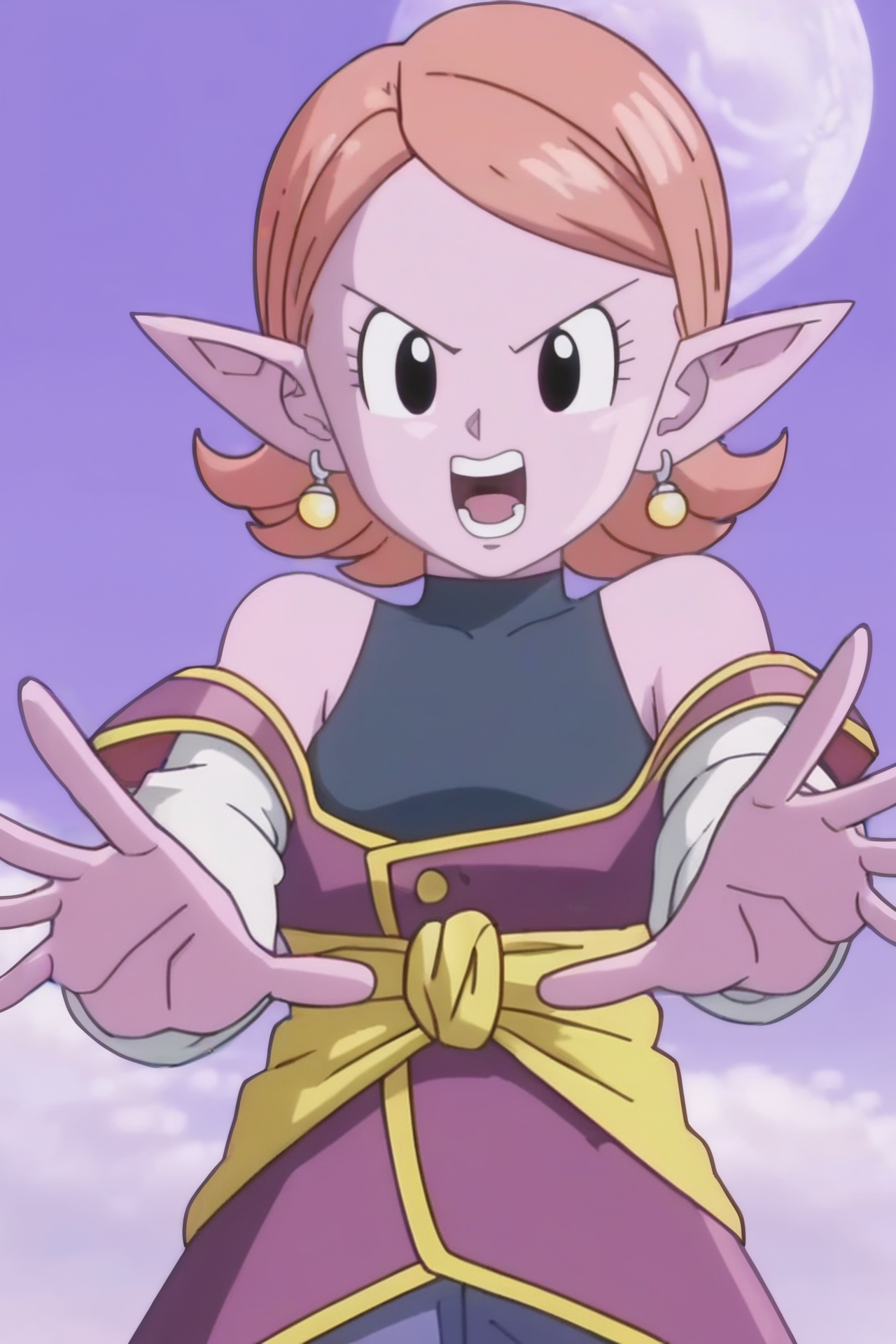 source_anime, score_9, score_8_up, score_7_up, anime screencap,8k, absurdres, 
chronoa, 1girl, solo, looking at viewer, open mouth, bare shoulders, potara earrings, pointy ears, black eyes, colored skin, moon, outstretched hand, palms, purple skin, orange hair, yellow sash, white sleeves, v-shaped eyebrows, sleeveless turtleneck leotard, small breasts, Sacred World of the Kai, purple tunic, teeth, kai tunic, off shoulder, eyelashes, detached sleeves, collarbone, blue leotard, blue pants, 
 <lora:chronoa_pony_v1:0.8>
