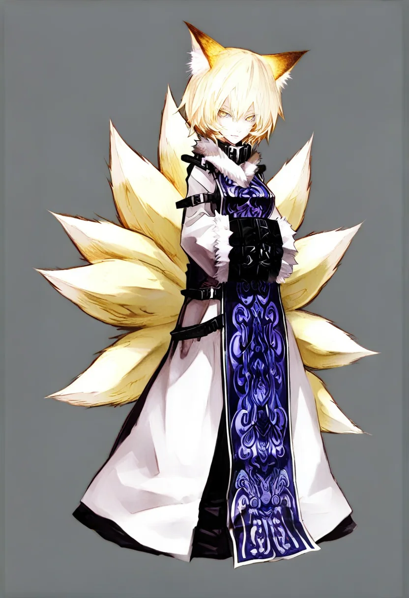 1girl, solo, yakumo ran, animal ears, tail, blonde hair, fox ears, fox tail, multiple tails, yellow eyes, no headwear, short hair, tabard, adapted costume, hands in opposite sleeves, white background, simple background, wide sleeves, alternate costume, full body <lora:banpaiAkiraOSXL_NBVP1_lokr_V6311P:0.95>