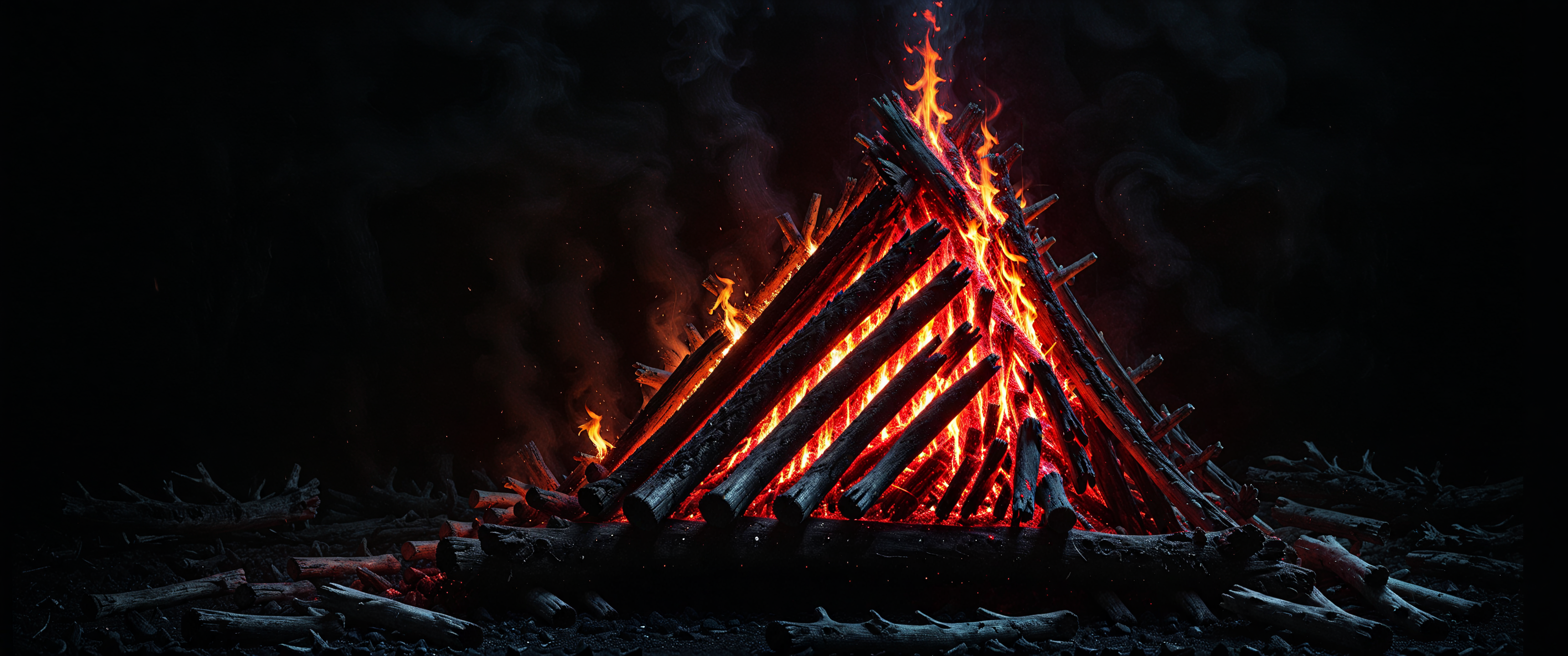 (night, pitch black,dark:1.3), (one large bonfire made of driftwood, red hot embers at base, diegetic lighting:1.2), dark fantasy, (centered composition), wallpaper, UHD, highly intricate , analog photo <lora:Into_Darkness:1>