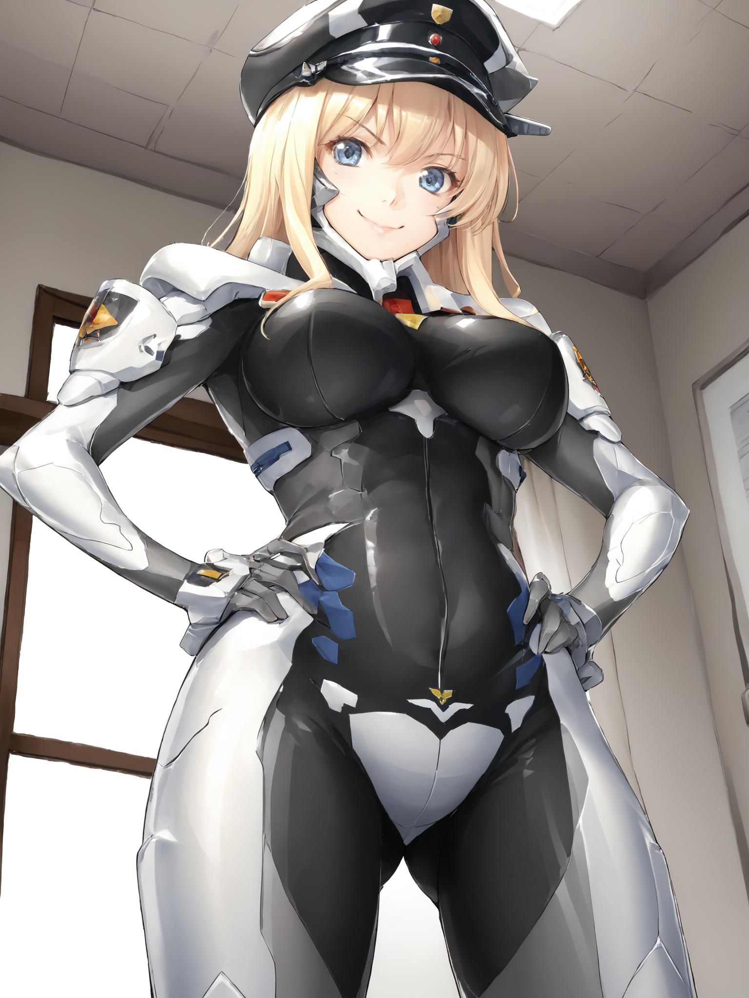 score_9, score_8_up, score_7_up, zPDXL, zPDXLpg, <lora:offset_0.2:0.1>, <lora:spo_sdxl_10ep_4k-data_lora_webui:1>,
1girl, solo,
germanfortifiedsuit, <lora:German_Fortified_Suit_v2:1.0>,
bismarck (kantai collection), blue eyes, blonde hair, peaked cap, <lora:Bismarck:0.3>,
smug, smile, looking at viewer, facing viewer, from below, hands on own hips, ass visible through thighs,
indoors, naval base office