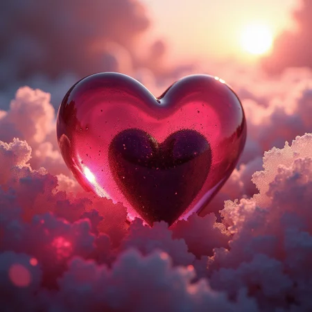 Close-up shot of a red Pink and purple strained glass heart, guarding a dark core. Soft, Sun light bathing the scene in a warm, ethereal glow. The surrounding environment is a Cloud of love adding depth and mystery to the composition. The level of detail is meticulous, with each shard of glass and every texture rendered in high definition.