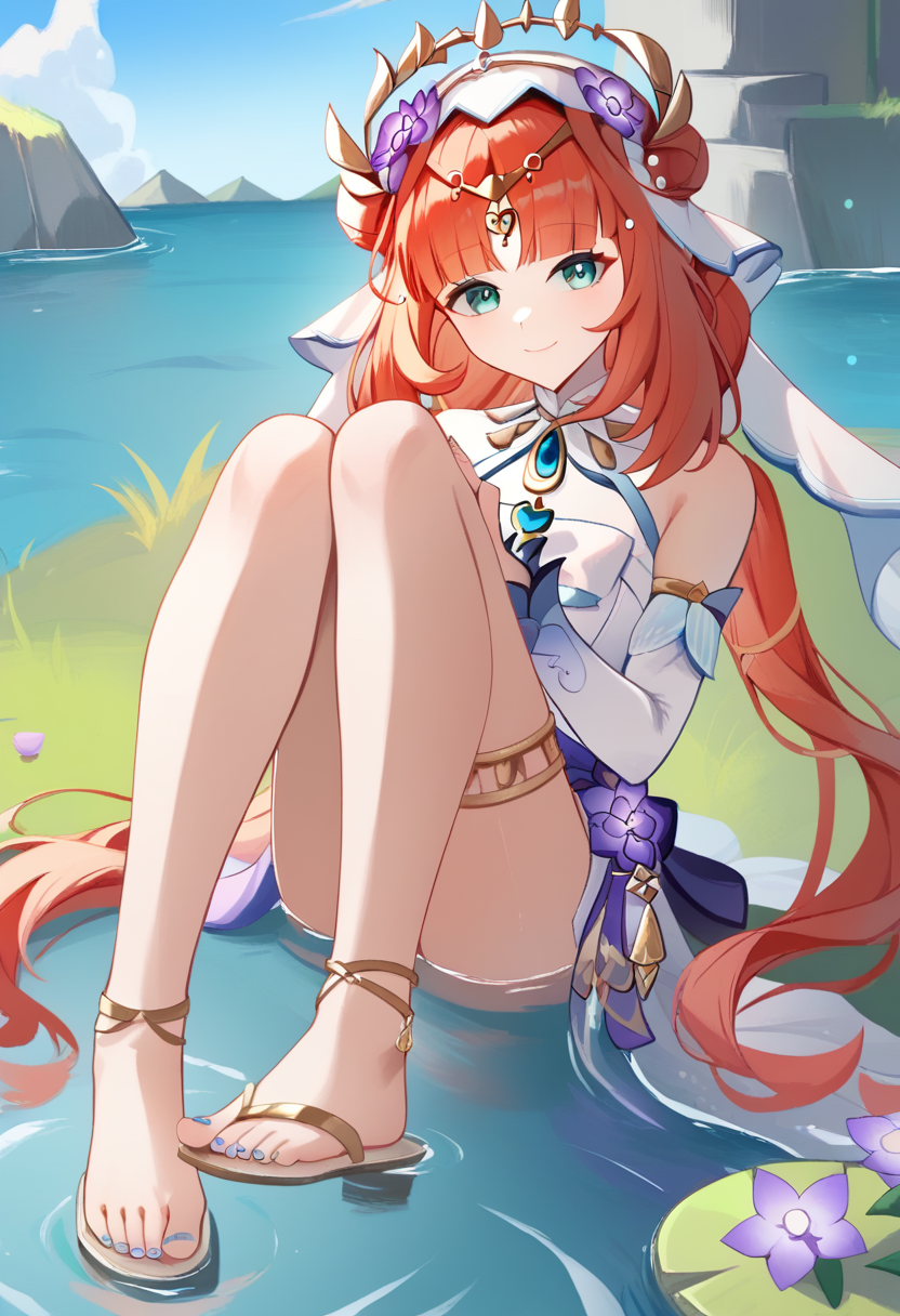 score_9,score_8_up,score_7_up,<lora:nilou_(breeze_of_sabaa)_v2:1>,nilou_(breeze_of_sabaa)_(genshin_impact), toes, 1girl, sitting, thighlet, looking_at_viewer, legs, white_sleeves, grass, nilou_\(genshin_impact\), full_body, bare_shoulders, barefoot_sandals_\(jewelry\), feet, sidelocks, twitter_username, solo, circlet, white_dress, thighs, white_veil, knees_up, toenail_polish, water, smile, purple_flower, outdoors, closed_mouth, detached_sleeves, hair_flower