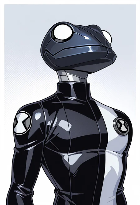 masterpiece, best quality, amazing quality, very aesthetic, absurdres, newest, cinematic, movie scene, foreground blur,
omni, black white bodysuit, badge, , pokemon (creature), simple background, solo, white background, fan art,, robot frog, 
upper body, halftone effect, white borders, abstract background:1.2,