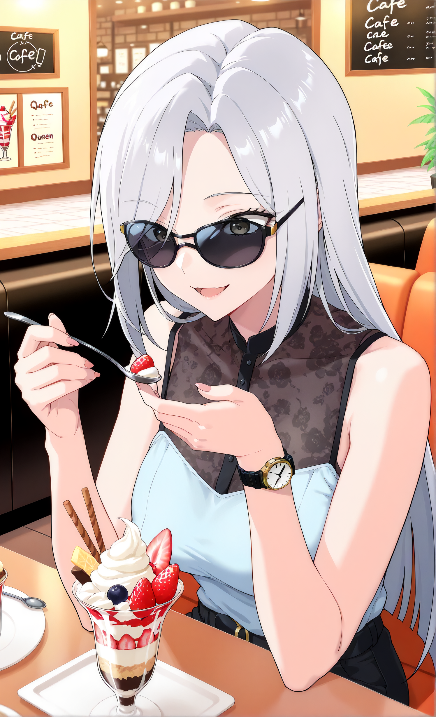 masterpiece, sharp detail, intricate detail, 1girl, <lora:To_be_hero_X_-_Queen:0.8> queen \(to be hero x\), alternate costume, straight hair,  sitting, indoors, cafe, parfait, soft smile, sunglasses, holding spoon, open mouth,  wristwatch,