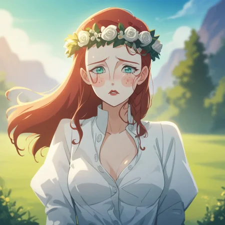 score_9, score_8_up, score_7_up, source_anime, expressive, anime, dynamic, 1girl, white skin, blush_stickers and freckles, long hair, red hair, red_lips, aqua_eyes, shy, blush, uncensored, (S1GR1DTotG), source_hentai, unbuttoned, white_dress, breasts, blurry_background, head_wreath,