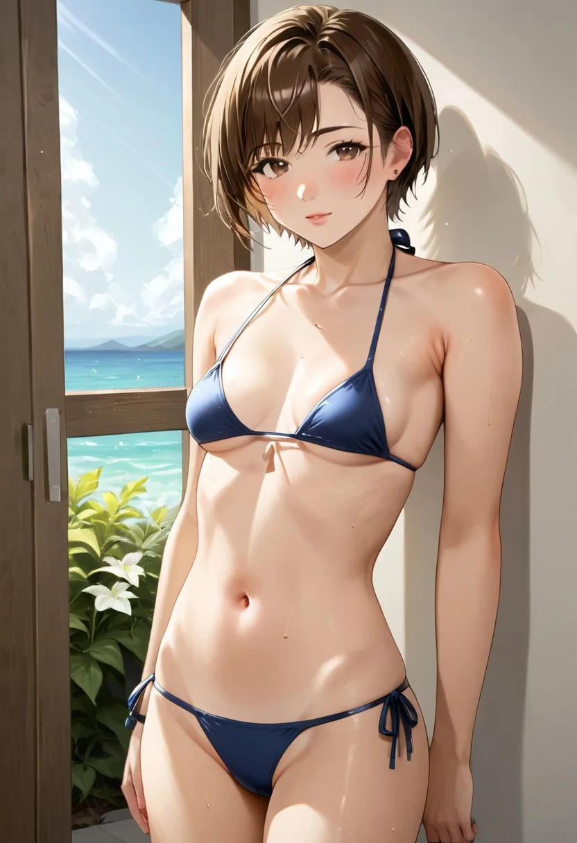 1girl, short hair, brown hair, small breasts, bikini,
