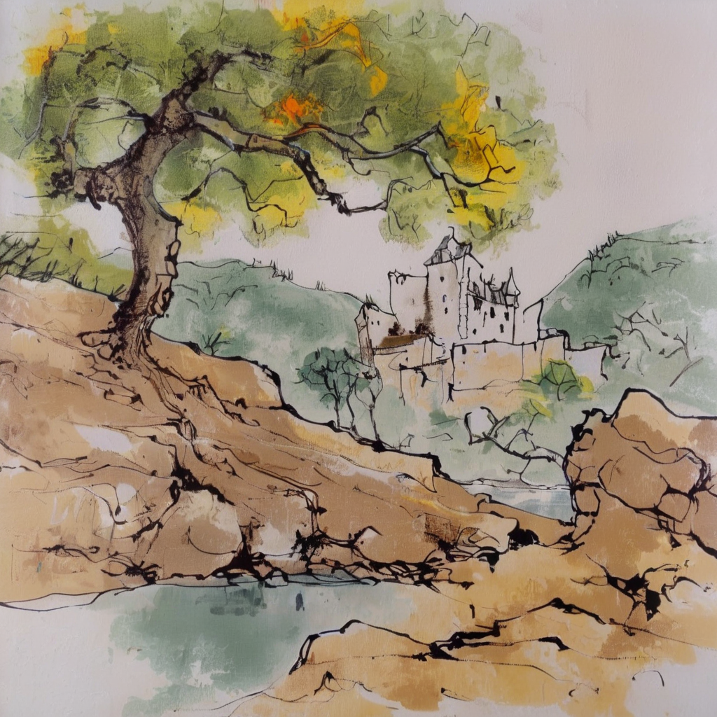 bdufour2  landscape old crooked tree in the background forest, river and castle on the rock <lora:bdufour2:1>