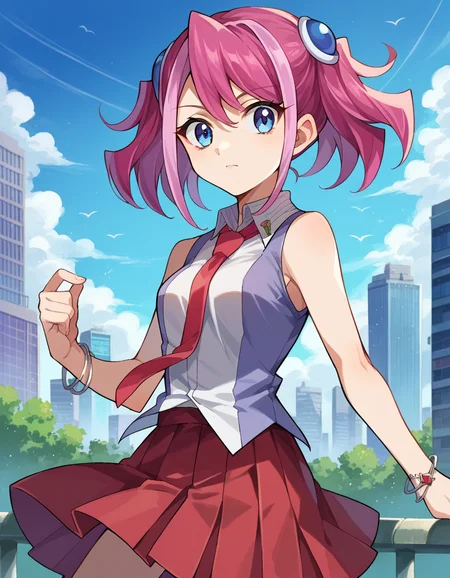 score_9, score_8_up, score_7_up, source_anime,
yuzuhiiragi, <lora:yuzu-hiiragi-ponyxl-lora-nochekaiser:1>,
yuzu hiiragi, blue eyes, hair ornament, medium hair, multicolored hair, pink hair, red hair, streaked hair, twintails,
bare arms, bracelet, collared shirt, jewelry, necktie, pleated skirt, red necktie, red skirt, shirt, skirt, sleeveless, sleeveless shirt, wing collar, two-tone shirt,
outdoors, cityscape,
looking at viewer, cowboy shot, dutch angle,