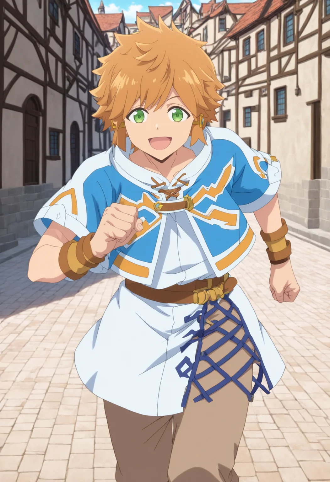 masterpiece,best quality,newest,absurdres,highres,lloyd belladonna,solo,looking at viewer,smile,open mouth,shirt,1boy,male focus,:d,pants,belt,clenched hands,running,cross-laced clothes,bracer,tunic,cross-laced slit,blue cropped jacket,white tunic,brown pants,brown belt,<lora:lasdanV2_noob:1>,street,outdoors,town,anime screenshot,