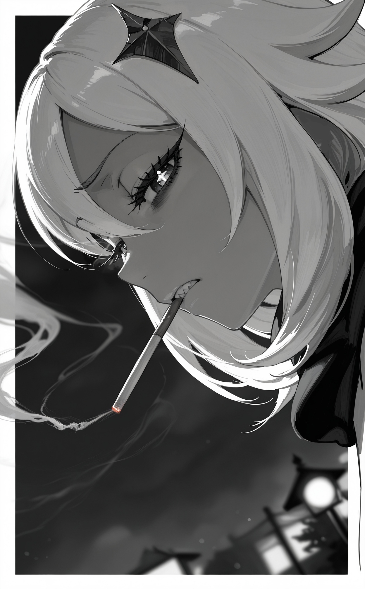 (profile:1.2), (dutch angle:1.2), perspective, (cinematic:1.3), white border, outside border, border
looking at viewer, looking down, (disgust, disappointed, disdain:1.2), paimon \(genshin impact\), solo, 1girl, close-up, :|, smoking, smoke, (sharp teeth:1.2), (half-closed eyes:1.2), + +, wide oval eyes, long eyelashes, thick eyelashes, black eyeliner, bags under eyes, outdoors, (red night:1.2), (dark theme:1.2), (smoke trail:1.2), (raised eyebrow:1.2), white hair, gyaru, backlighting, sidelighting, limited palette,
blurry background, depth of field,
greyscale, monochrome, 
highres, best quality, masterpiece,
<lora:nhl-003-naii-16:0.9> nhl-003,