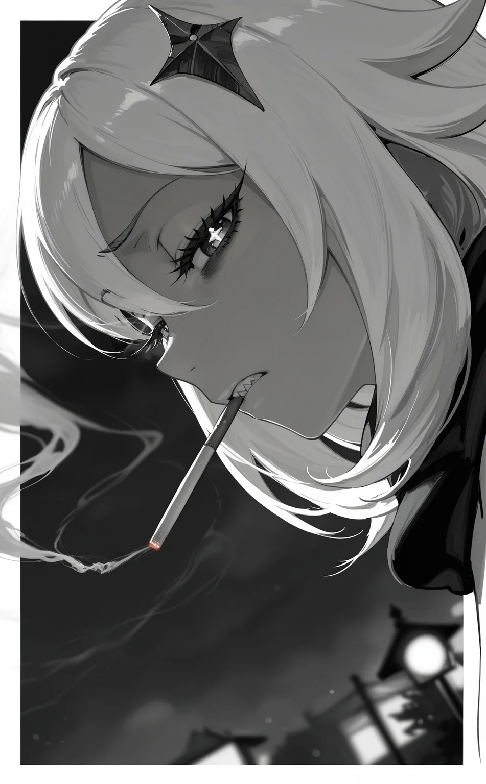 (profile:1.2), (dutch angle:1.2), perspective, (cinematic:1.3), white border, outside border, border
looking at viewer, looking down, (disgust, disappointed, disdain:1.2), paimon \(genshin impact\), solo, 1girl, close-up, :|, smoking, smoke, (sharp teeth:1.2), (half-closed eyes:1.2), + +, wide oval eyes, long eyelashes, thick eyelashes, black eyeliner, bags under eyes, outdoors, (red night:1.2), (dark theme:1.2), (smoke trail:1.2), (raised eyebrow:1.2), white hair, gyaru, backlighting, sidelighting, limited palette,
blurry background, depth of field,
greyscale, monochrome,
highres, best quality, masterpiece,
<lora:nhl-003-naii-16:0.9> nhl-003,