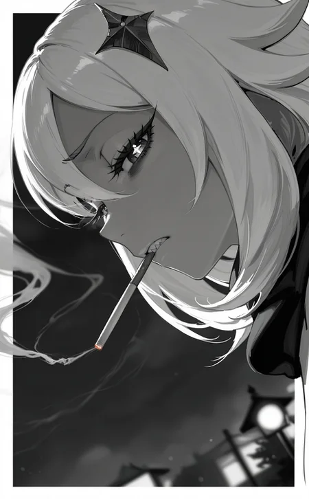 (profile:1.2), (dutch angle:1.2), perspective, (cinematic:1.3), white border, outside border, border
looking at viewer, looking down, (disgust, disappointed, disdain:1.2), paimon \(genshin impact\), solo, 1girl, close-up, :|, smoking, smoke, (sharp teeth:1.2), (half-closed eyes:1.2), + +, wide oval eyes, long eyelashes, thick eyelashes, black eyeliner, bags under eyes, outdoors, (red night:1.2), (dark theme:1.2), (smoke trail:1.2), (raised eyebrow:1.2), white hair, gyaru, backlighting, sidelighting, limited palette,
blurry background, depth of field,
greyscale, monochrome,
highres, best quality, masterpiece,
<lora:nhl-003-naii-16:0.9> nhl-003,