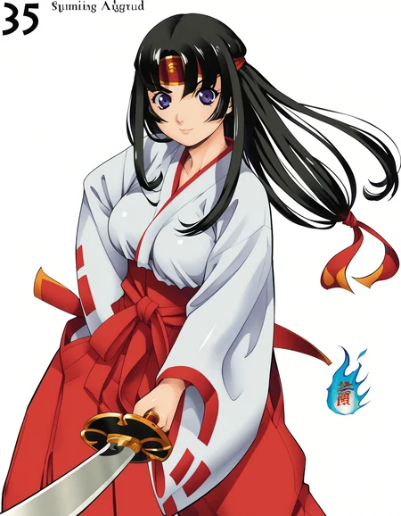 score_9, score_8_up, score_7_up, <lora:qb-concept-000020:1> 1girl, solo, cowboy shot, white background, simple background,
sword, weapon, fighting stance, foreshortening, smug, confident
long hair, breasts, skirt, black hair, purple eyes, japanese clothes, headband, ribbon trim, hakama, hakama skirt, low-tied long hair, ribbon-trimmed sleeves, ofuda, miko, red hakama