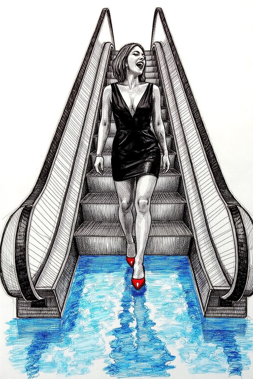crosshatch black and white drawing of a woman in a chic little black dress and vibrant red high heels, gracefully descending an escalator. She wears black lipstick and is screaming. Her attire exudes elegance and sophistication, with the red heels providing a bold pop of color against the classic black dress. The escalator itself, typically found in a mall or airport, leads downwards into an unexpected and dreamlike destinationâ -- pool of rippling water. The water is blue and ripples as the escalator's steps disappear beneath the surface. The woman's posture is poised and confident, as she seems unperturbed by the unusual surroundings. The overall atmosphere is a blend of high fashion and surreal fantasy, capturing a moment that is both elegant and otherworldly <lora:crosshatch1_nocap_d6a3:1.0><lora:807673784321445260:0>