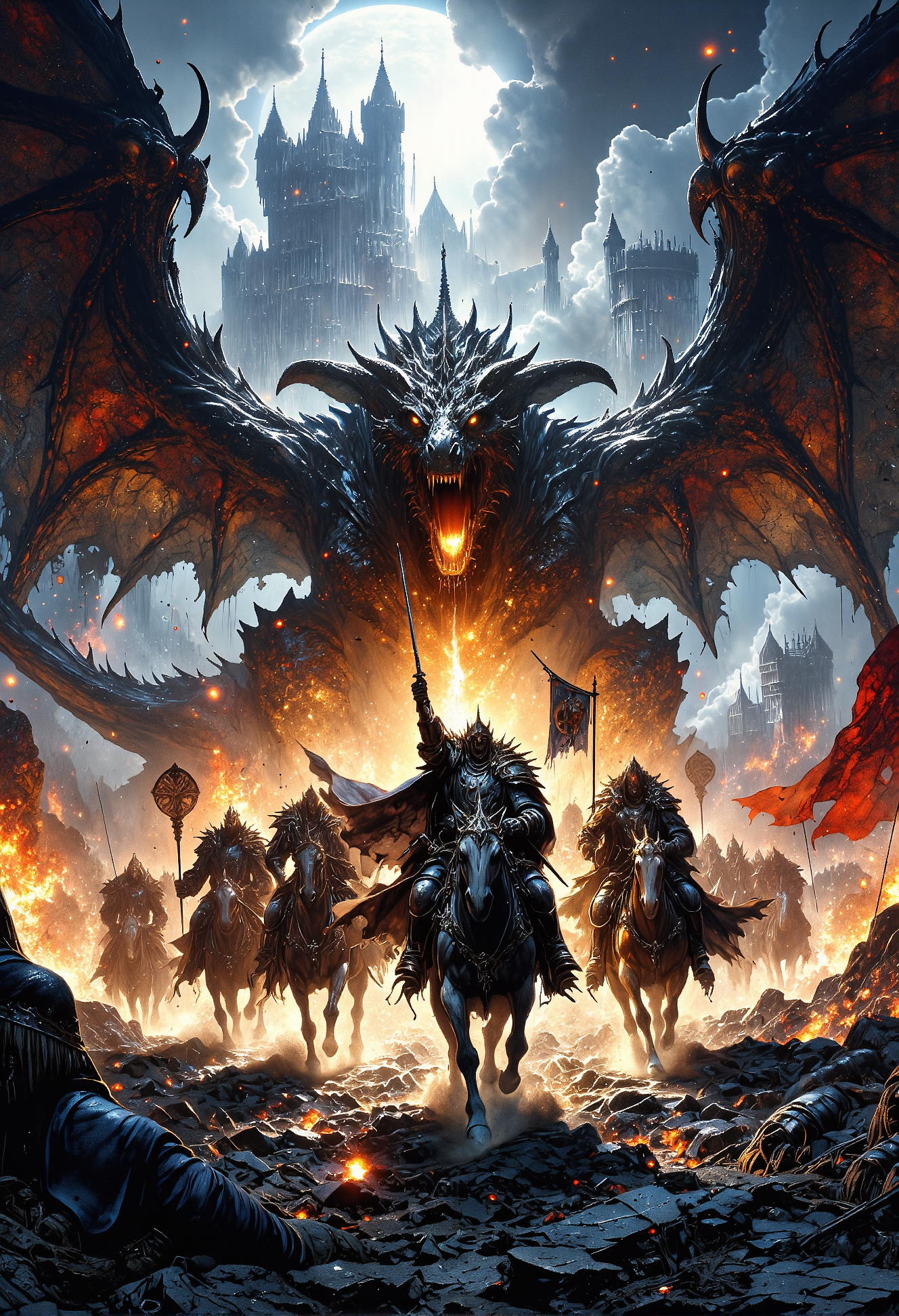 A thrilling medieval fantasy battle scene featuring a squad of armored knights on horseback, galloping forward with swords raised, their expressions fierce and determined. Towering behind them is a massive, menacing dragon with dark, leathery wings spread wide, its scales shimmering in the faint light as it roars with fury. Smoke and embers fill the air, blending with the dramatic clouds overhead, as a burning castle looms in the background, its towers crumbling amidst the chaos. The knights charge down a rugged, rocky path, their banners trailing behind them, while the dragon's fiery breath illuminates the destruction. The scene captures the intensity and heroism of the knights as they face insurmountable odds with unwavering courage. <lora:Dever_Flux_Enhancer.safetensors:0.5>,  <lora:frazetta_flux_v2-000150.safetensors:0.3>,  <lora:FluxMythP0rtr4itStyle.safetensors:0.75>,  <lora:Elden_Ring_-_Yoshitaka_Amano.safetensors:1.0>,  <lora:aiai-Glimra-Flux-Dev-v2.safetensors:0.5>,  <lora:black_fantasy.safetensors:0.5>,