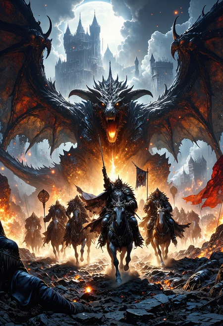 A thrilling medieval fantasy battle scene featuring a squad of armored knights on horseback, galloping forward with swords raised, their expressions fierce and determined. Towering behind them is a massive, menacing dragon with dark, leathery wings spread wide, its scales shimmering in the faint light as it roars with fury. Smoke and embers fill the air, blending with the dramatic clouds overhead, as a burning castle looms in the background, its towers crumbling amidst the chaos. The knights charge down a rugged, rocky path, their banners trailing behind them, while the dragon's fiery breath illuminates the destruction. The scene captures the intensity and heroism of the knights as they face insurmountable odds with unwavering courage. <lora:Dever_Flux_Enhancer.safetensors:0.5>, <lora:frazetta_flux_v2-000150.safetensors:0.3>, <lora:FluxMythP0rtr4itStyle.safetensors:0.75>, <lora:Elden_Ring_-_Yoshitaka_Amano.safetensors:1.0>, <lora:aiai-Glimra-Flux-Dev-v2.safetensors:0.5>, <lora:black_fantasy.safetensors:0.5>,