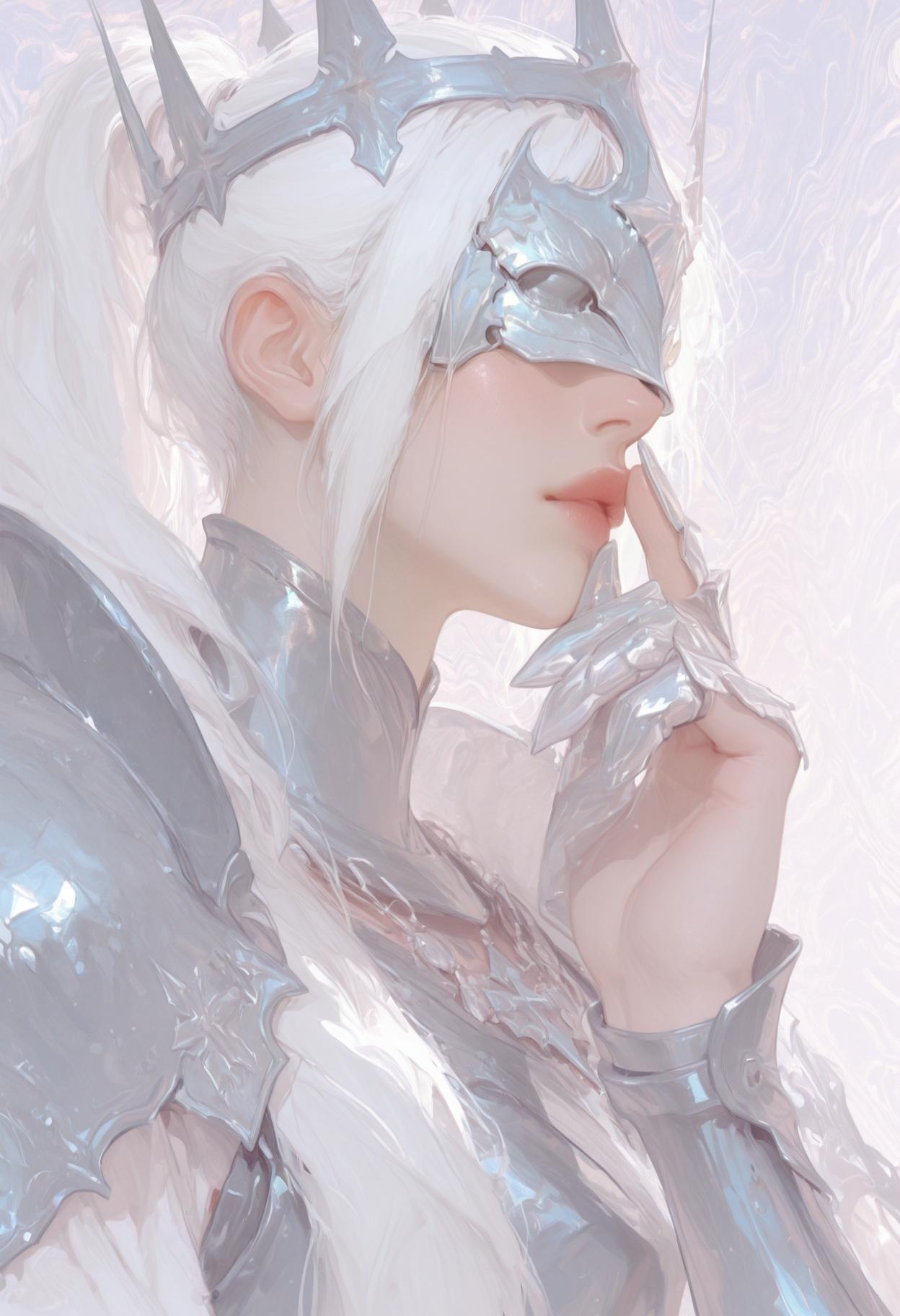 1girl, armor, crown, covered eyes, necklace, colarbone, close up, abstract background, side view, ponytail, white hair, holding hand infront of face, finger armor
<lora:ppw_v7_animv4_1_r2:0.6> <lora:748cm_illu:0.6> 7481llu <lora:69yottea_illu_v2:0.4> <lora:illustrious_all_rated_v1:0.6> masterpiece, best quality, very aesthetic, absurdres