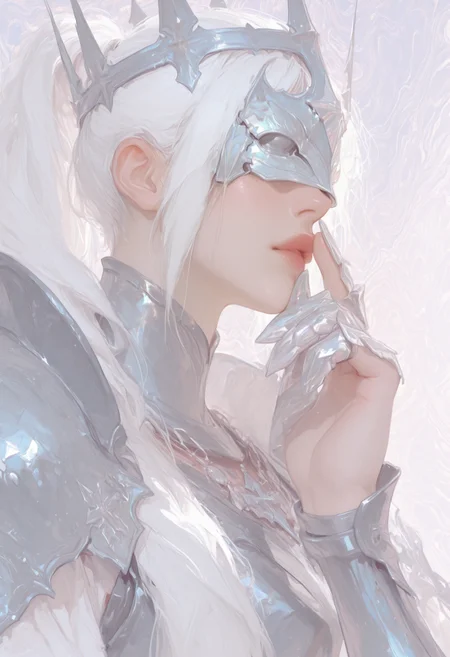 1girl, armor, crown, covered eyes, necklace, colarbone, close up, abstract background, side view, ponytail, white hair, holding hand infront of face, finger armor
<lora:ppw_v7_animv4_1_r2:0.6> <lora:748cm_illu:0.6> 7481llu <lora:69yottea_illu_v2:0.4> <lora:illustrious_all_rated_v1:0.6> masterpiece, best quality, very aesthetic, absurdres