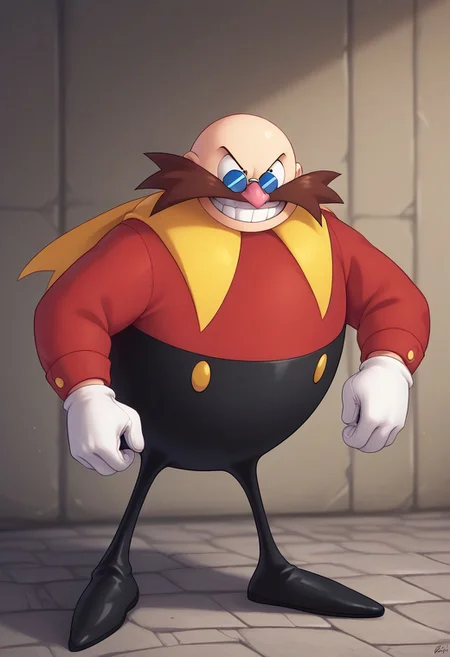 score_9, score_8_up, score_7_up, (best quality:1.1, smooth lighting), ultra-detailed, high resolution, 8k, Classic Eggman, bald, brown moustache, White sclera, dark blue sunglasses, glasses tilted downward, black pupils, black eyes, red shirt, yellow scarf, black pants, black shoes, egg shaped body, white gloves, 1boy, pink nose, evil grin, BREAK outside, Rich, Detailed background, ambient light