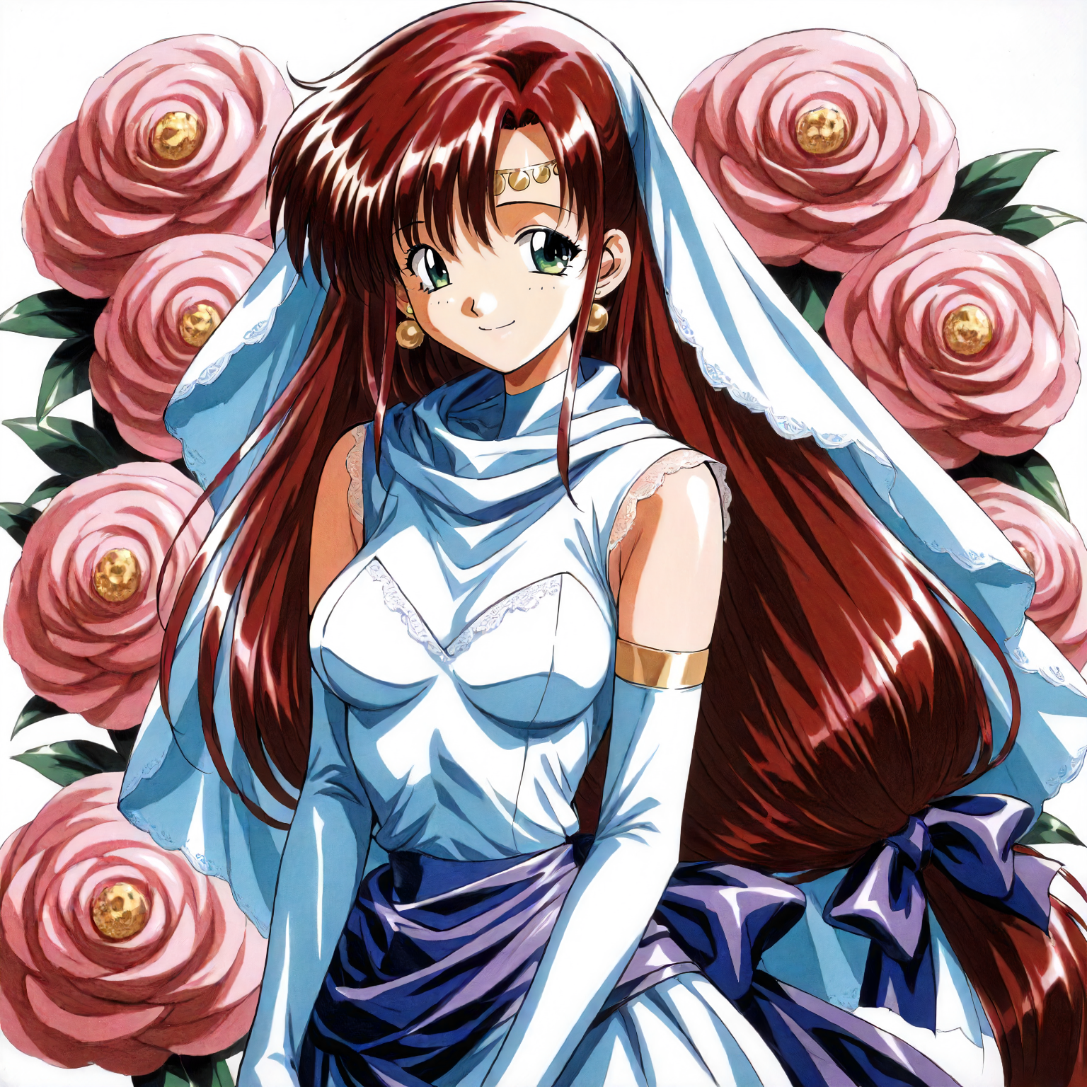 <lora:RC_elenoa_ranXLanimagine001>,
masterpiece,high score,great score,absurdres,
flower background,glitter,
smile,
looking at viewer,
solo,
anime coloring,retro artstyle,1990s (style),
elenoa_ran\(rance_series\),1girl,red hair,circlet,low-tied long hair,hair_bow,green eyes,earrings,
cowboy shot,standing,
wedding_dress,sleeveless,white dress,veil,lace,elbow gloves,