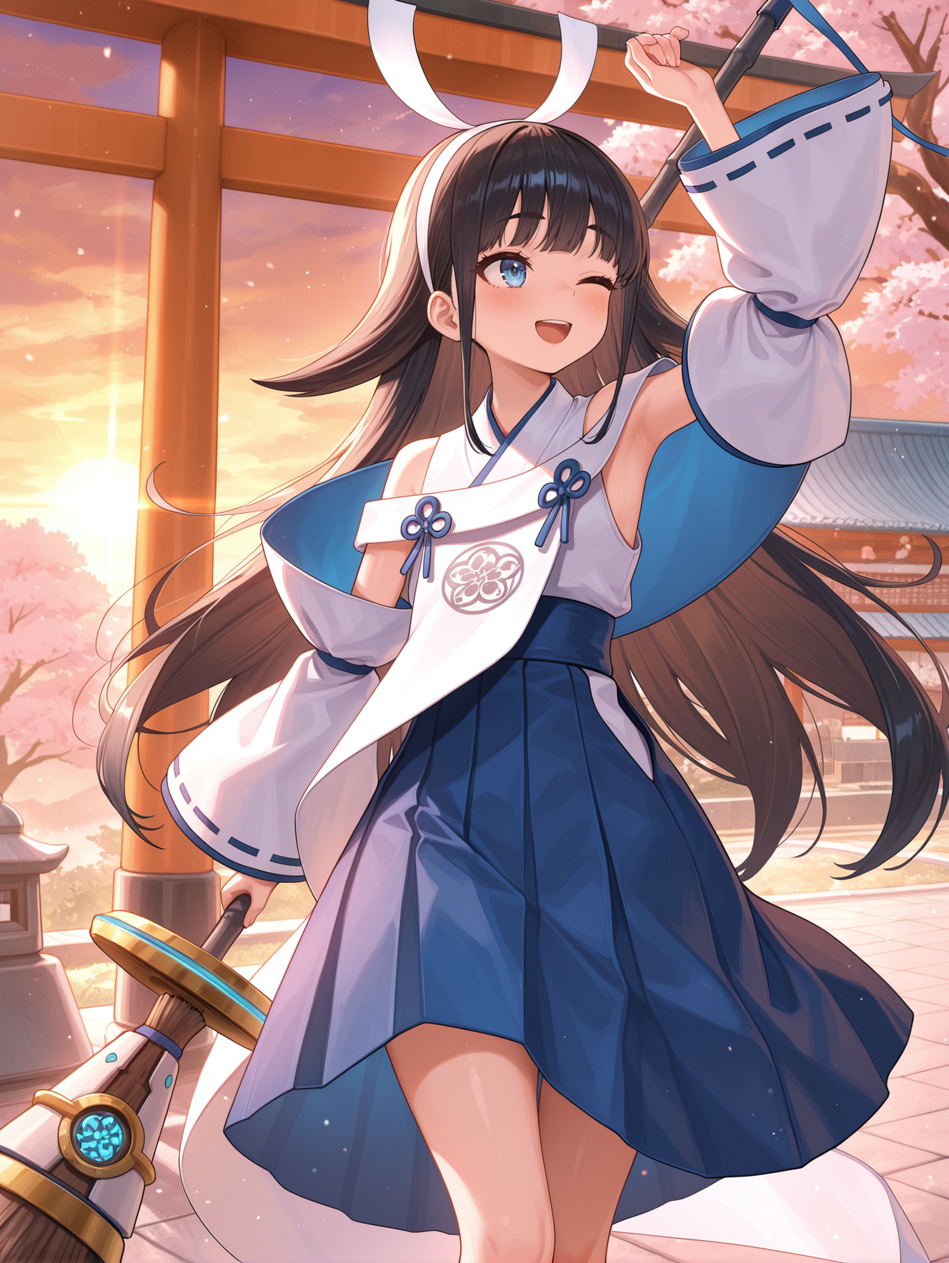 shinonome the vaylantz priestess, 1girl, solo, smile, open mouth, one eye closed, reverse grip, white broom, holding white broom, blush, standing, sidelocks, arm up, white hairband, white ribbon-trimmed sleeves, white sleeveless kimono, blue hakama skirt, white breast curtain, looking away, outdoors, sunset, torii, east asian architecture, cherry blossoms, 
masterpiece,best quality,amazing quality,very aesthetic,absurdres,newest,scenery,extreme detail,8k,light particles,soft lighting,volumetric lighting,intricate details,finely detailed,detailed eyes,<lora:Shinonome the Vaylantz Priestess illusXL v1.1:0.75>,