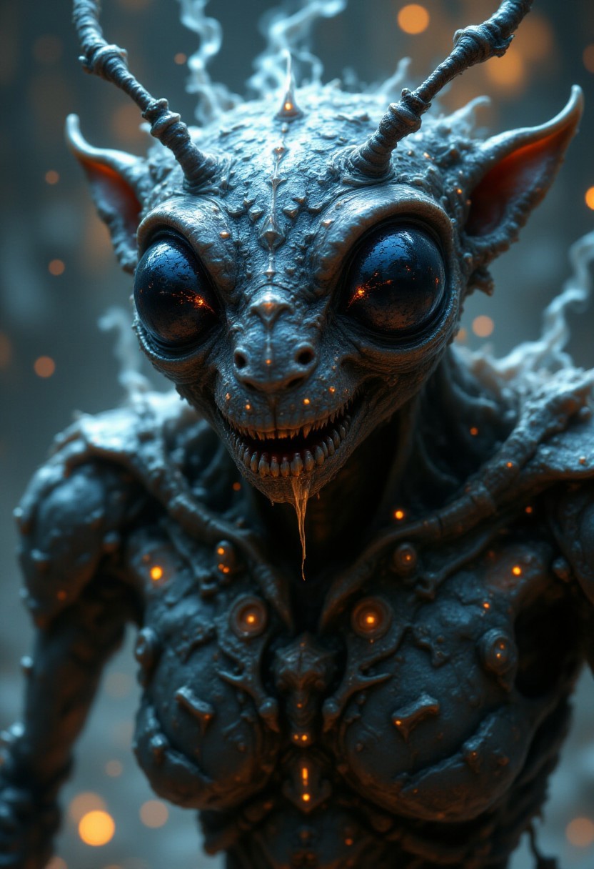 A close-up view of a bizarre insectoid alien, its segmented, metallic exoskeleton seemingly melting into a semi-liquid form, glistening with a wet, organic sheen. Strange, fluid-like patterns ripple across its armor, as if alive, shifting and rearranging. Its twitching mandibles drip with a thick, translucent gel, while its multifaceted eyes shimmer like liquid gemstones, constantly shifting and reforming. Thin tendrils of viscous ooze trail from its limbs, pulsating faintly as bioluminescent veins glow beneath the surface, suggesting a fluid, ever-changing structure. The alien's form seems both solid and formless, hovering between a creature of metal and living plasma.