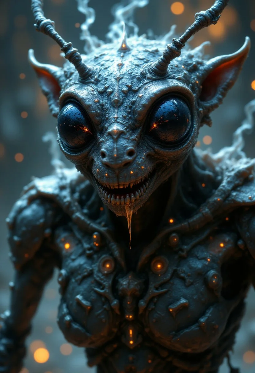 A close-up view of a bizarre insectoid alien, its segmented, metallic exoskeleton seemingly melting into a semi-liquid form, glistening with a wet, organic sheen. Strange, fluid-like patterns ripple across its armor, as if alive, shifting and rearranging. Its twitching mandibles drip with a thick, translucent gel, while its multifaceted eyes shimmer like liquid gemstones, constantly shifting and reforming. Thin tendrils of viscous ooze trail from its limbs, pulsating faintly as bioluminescent veins glow beneath the surface, suggesting a fluid, ever-changing structure. The alien's form seems both solid and formless, hovering between a creature of metal and living plasma.