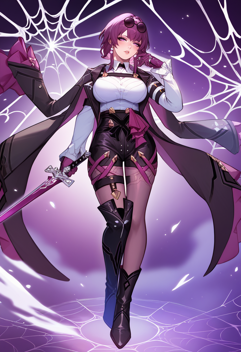 score_9, score_8_up, score_7_up, source_anime BREAK <lora:kafka-hsr-richy-v1_pdxl:1> kfka, purple eyes, purple hair, bangs, sidelocks, eyewear on head, earrings, white shirt, collared shirt, long sleeves, black jacket, jacket on shoulders, harness, large breasts, purple gloves, black shorts, high-waist shorts, purple thigh straps, pantyhose, single thigh boot, lips, parted lips, looking at viewer, half-closed eyes, eyeliner, eyelashes, abstract background, purple spider web, purple strands, purple background, blush, purple sword, sword, holding sword, rings, armband, (full body, standing:1.2), <lora:feh-style-richy-v1_pdxl:0.8> fehatk, high heel boots,