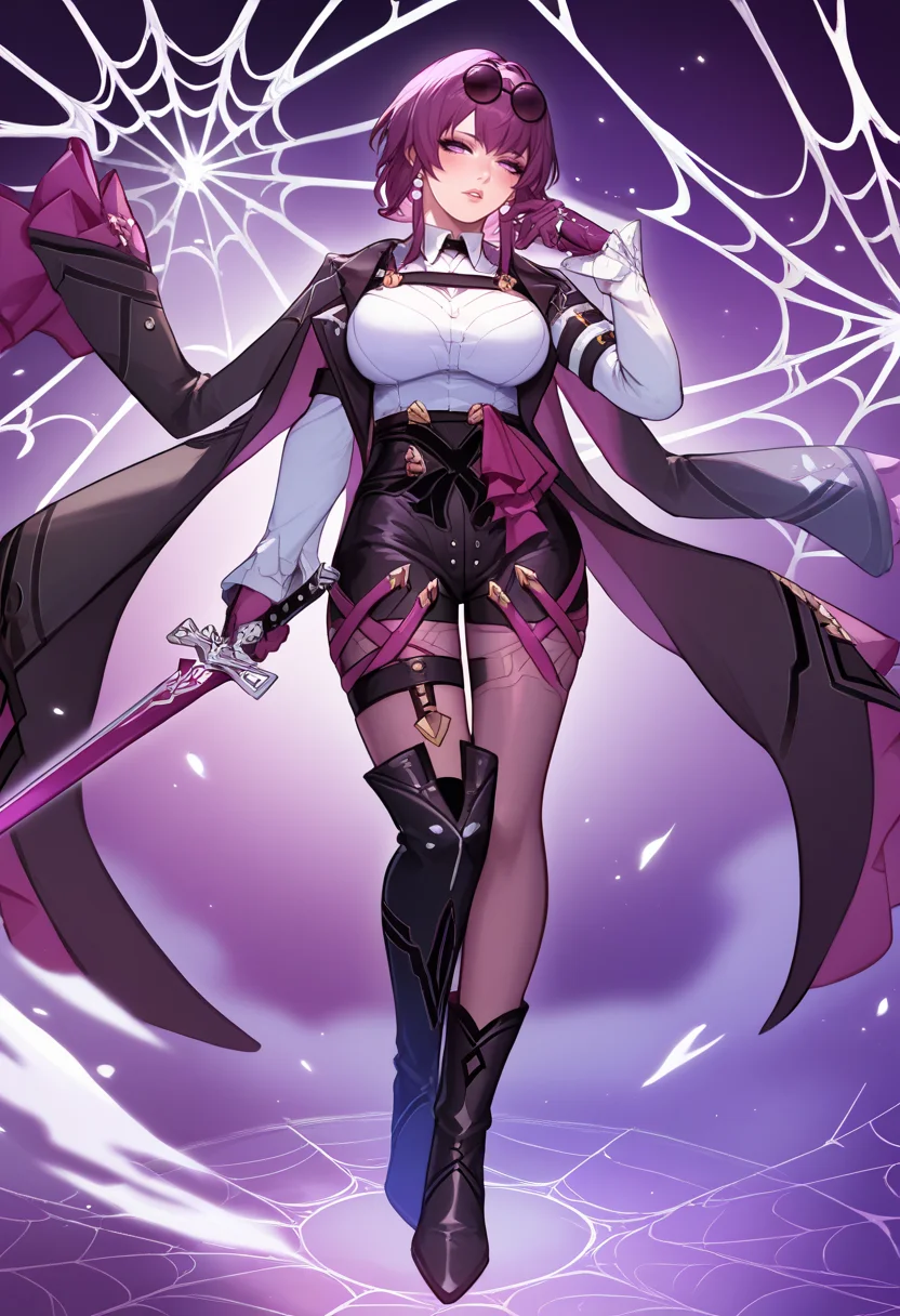 score_9, score_8_up, score_7_up, source_anime BREAK <lora:kafka-hsr-richy-v1_pdxl:1> kfka, purple eyes, purple hair, bangs, sidelocks, eyewear on head, earrings, white shirt, collared shirt, long sleeves, black jacket, jacket on shoulders, harness, large breasts, purple gloves, black shorts, high-waist shorts, purple thigh straps, pantyhose, single thigh boot, lips, parted lips, looking at viewer, half-closed eyes, eyeliner, eyelashes, abstract background, purple spider web, purple strands, purple background, blush, purple sword, sword, holding sword, rings, armband, (full body, standing:1.2), <lora:feh-style-richy-v1_pdxl:0.8> fehatk, high heel boots,