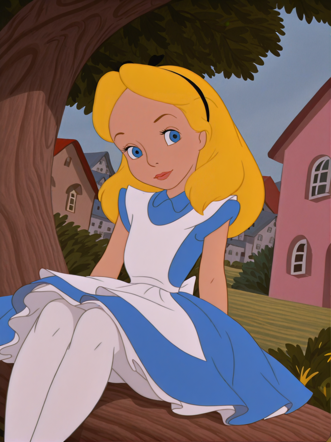 (official style:1.2), screencap,
1girl, (ClassicAliceXL), blonde hair, blue eyes, hairband, mary janes,, blue dress, apron, pantyhose,
light smile, dutch angle, naughty pose, looking at viewer, outdoors, vegetation, solo, dynamic pose, cowboy shot, head tilt, sitting, form side, tree, city, legs up,
<lora:AClassicAliceXL_character:1>