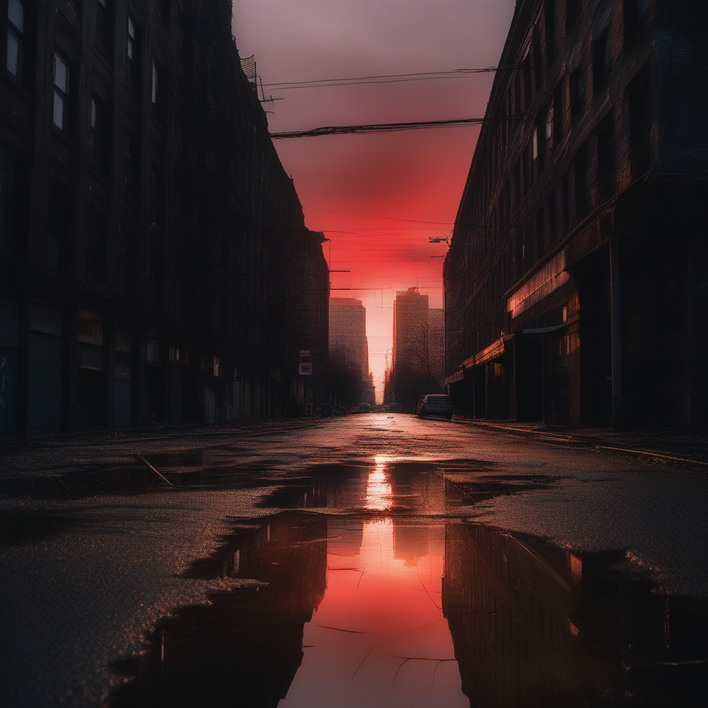 city with a red morning sun lighting the area. the dark forboding streets litered with puddles and cracks. broken parts of near by buildings along the floor as the buildings show signs of decay and rot.
