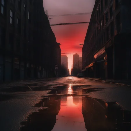 city with a red morning sun lighting the area. the dark forboding streets litered with puddles and cracks. broken parts of near by buildings along the floor as the buildings show signs of decay and rot.
