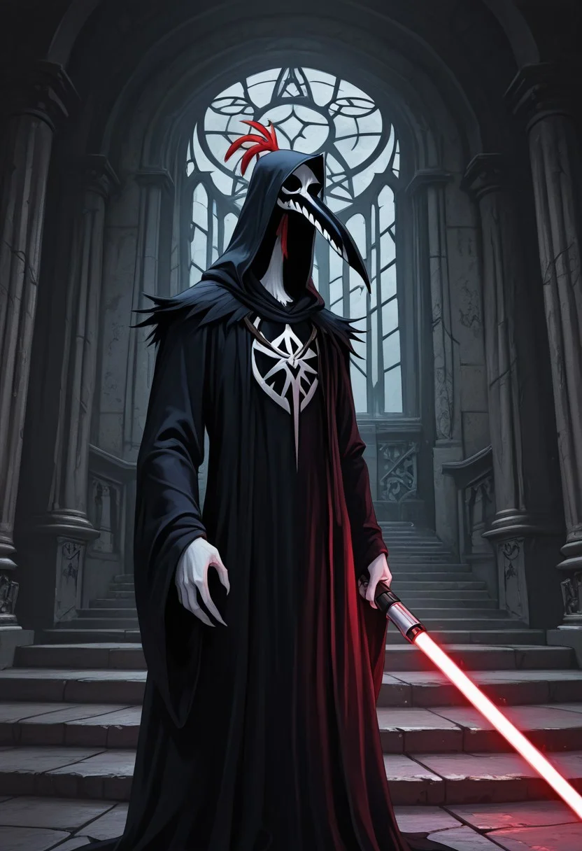 Masterpiece, best quality, highly detailed, absurdres, 1boy, (solo:1.2), cartoon, ch1ken, chicken, long beak, Black Sith lord robe, Hood, holding lightsaber, thick lightsaber, Sith temple background, detailed background, A3THER,