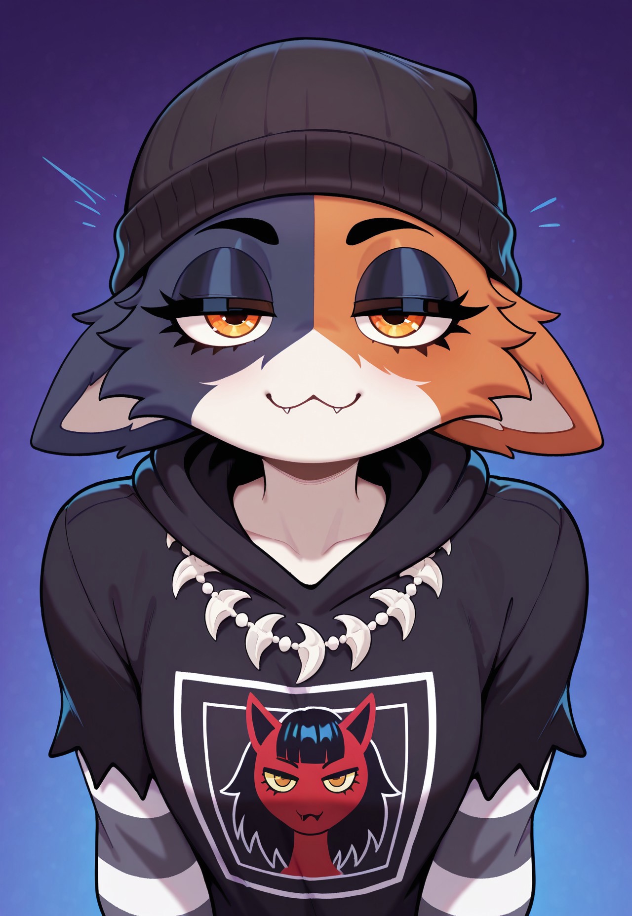 masterpiece, best quality, looking at viewer, 1girl, furry female, meowskullsxl, cat girl, multicolored fur, orange fur, black fur, striped sleeves, orange eyes, lidded eyes, printed hoodie, beanie, fishbone jewelry